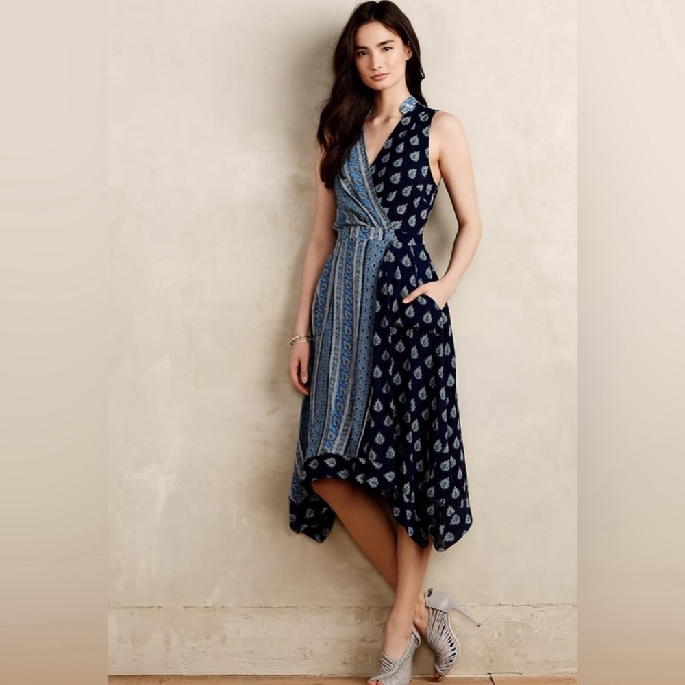 Anthropologie Maeve Blue Eclipse Dress Handkerchief Hem Sleeveless Midi Sz 4